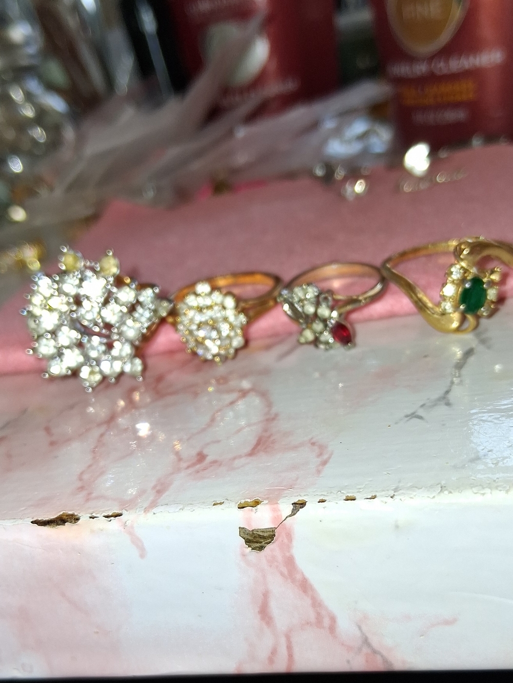 Vintage Gold-Tone Crystal and Emerald Accent Women's Ring - Green & Clear